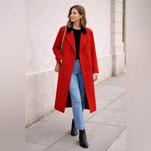 Vintage London Fog Red Wool Coat Black Velvet Collar Long Overcoat Size 14